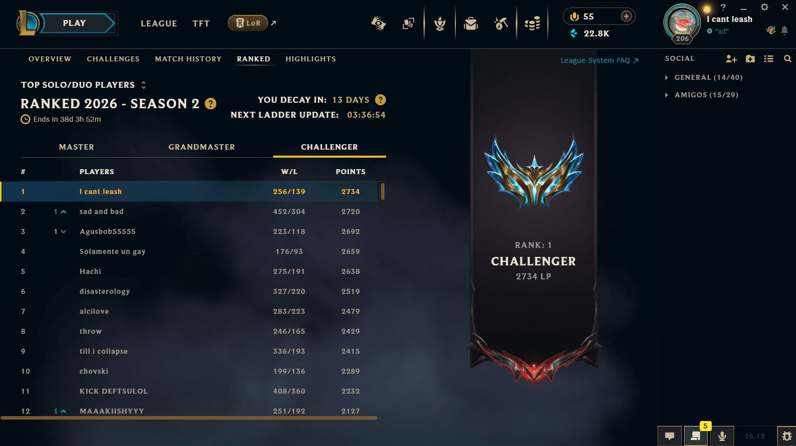 Pantalla del cliente in-game mostrando Rank 1 Challenger, 2734 LP